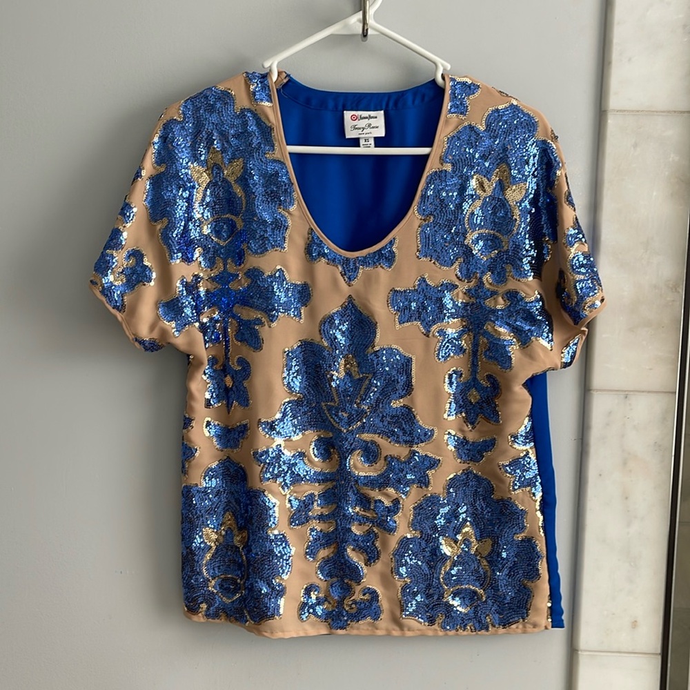 Tracy Reese Blue Sequin Embellished Tan Blouse